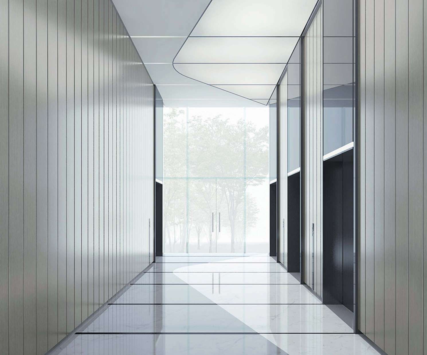 A corridor with modular glass and steel walls